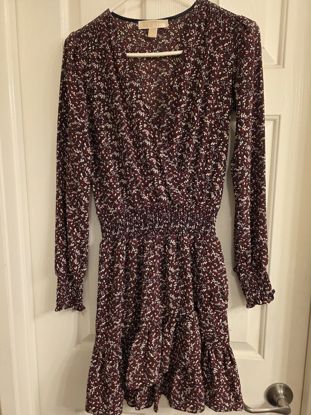 Michael Kors Burgundy Floral Long Sleeve Smocked Waist Dress